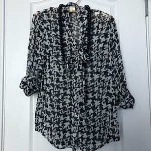 J.Jill Tie Front Sheer Houndstooth Button  Blouse